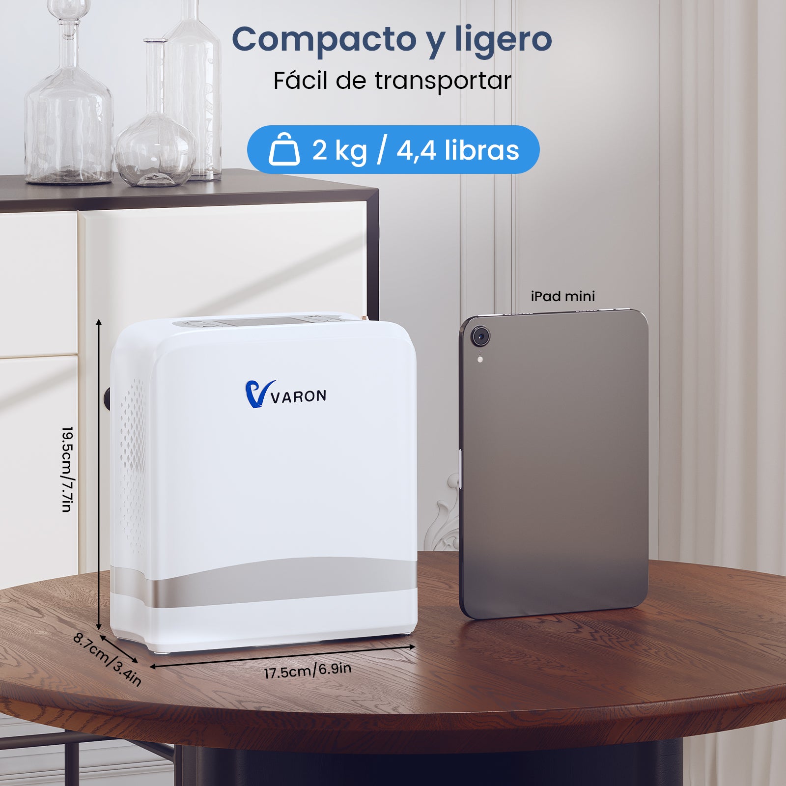 VARON VP-8 Lite Concentrador de Oxígeno Portátil 2 kg | Flujo por pulsos 1–7 | Uso doméstico y portátil