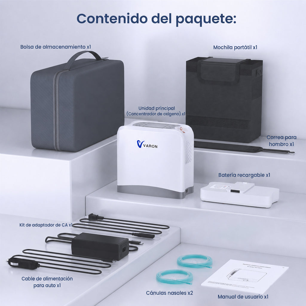VARON VP-8 Lite Concentrador de Oxígeno Portátil 2 kg | Flujo por pulsos 1–7 | Uso doméstico y portátil