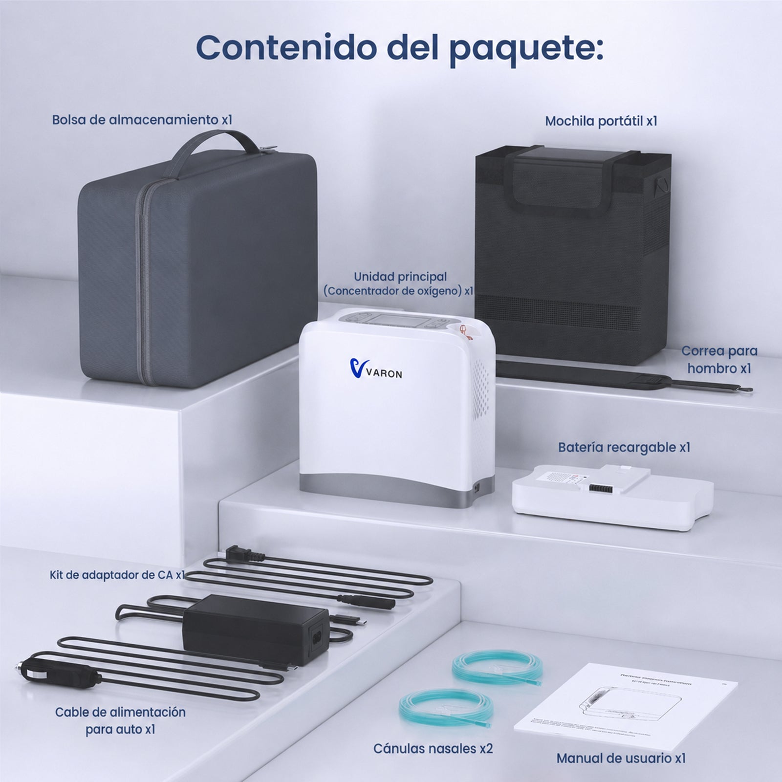 VARON VP-8 Lite Concentrador de Oxígeno Portátil 2 kg | Flujo por pulsos 1–7 | Uso doméstico y portátil