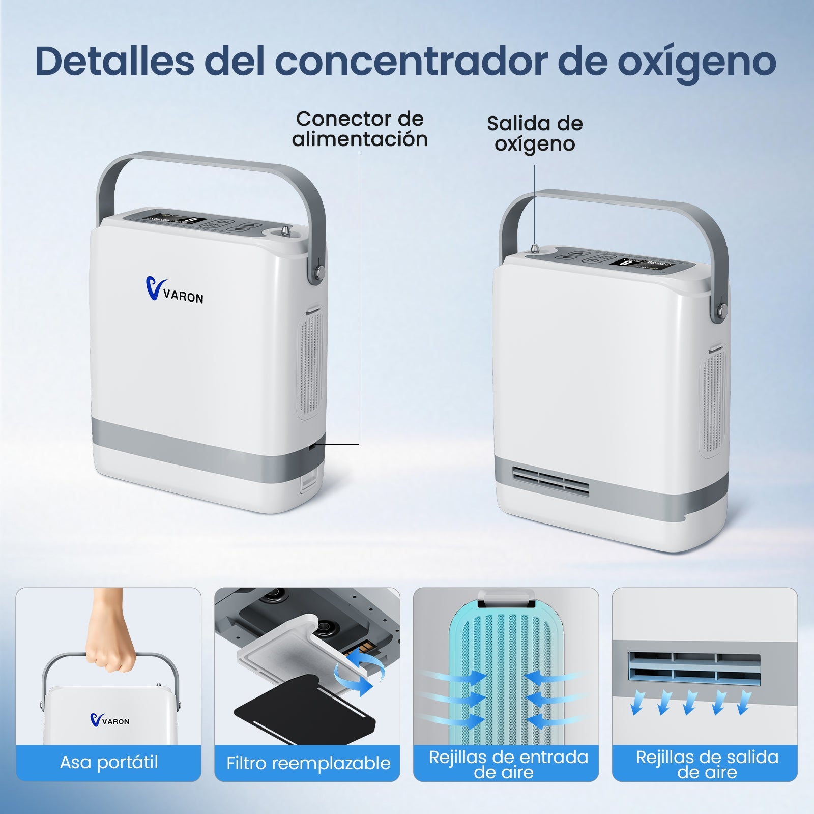 VARON VP-8G | Concentrador de Oxígeno Portátil flujo pulsado con 1–8 niveles ajustables CE