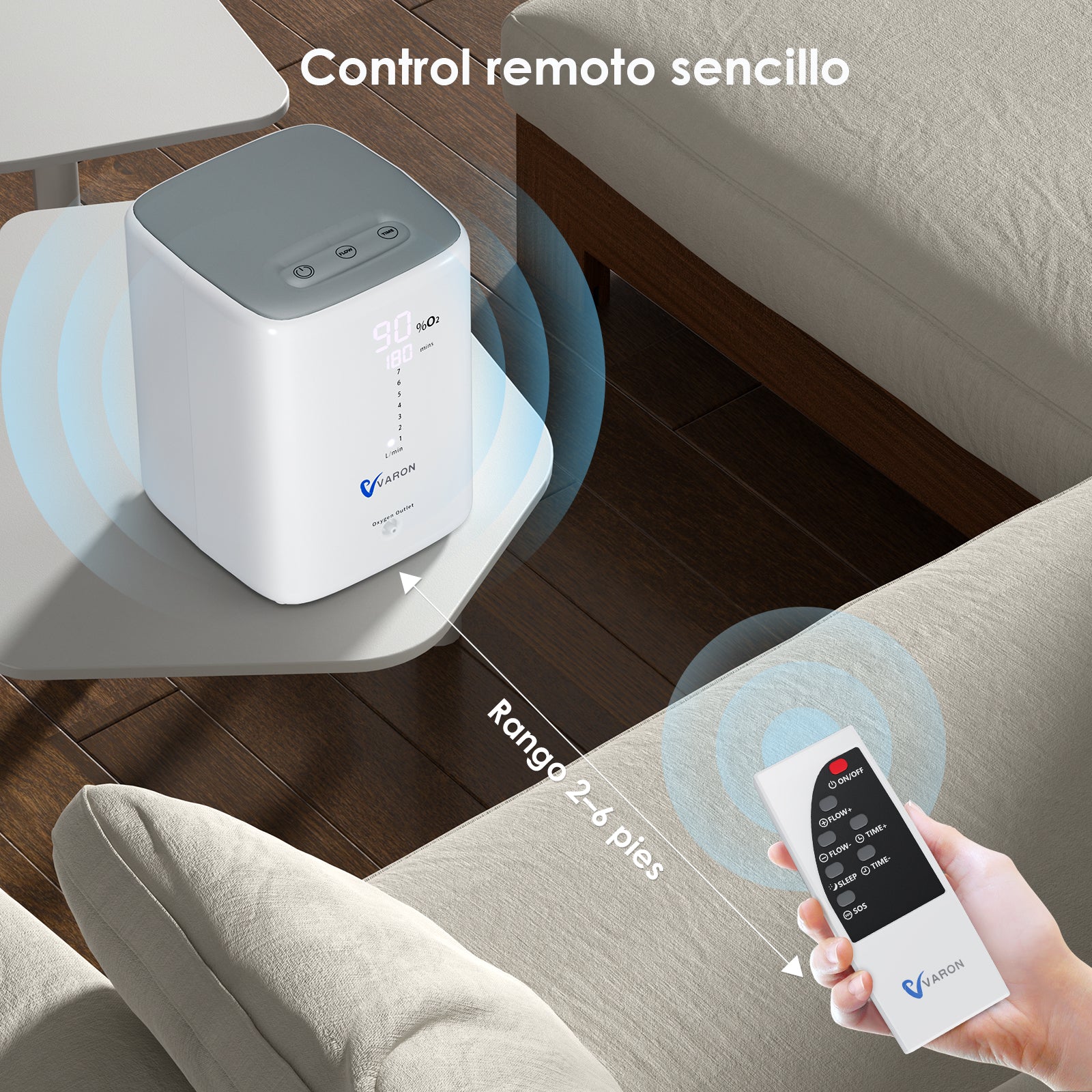 VARON VH-3 | Concentrador de Oxígeno para Hogar, Flujo Continuo 1-7L Ajustable, Control Remoto y Temporizador, Certificado CE