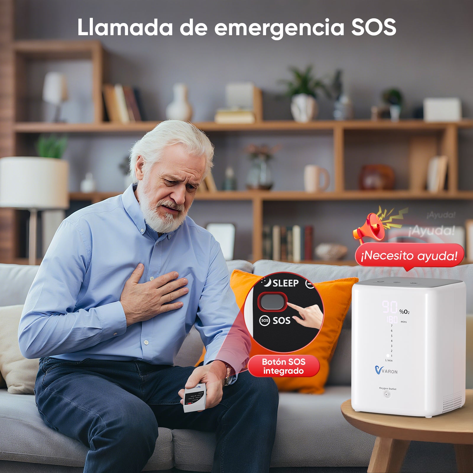 VARON VH-3 | Concentrador de Oxígeno para Hogar, Flujo Continuo 1-7L Ajustable, Control Remoto y Temporizador, Certificado CE