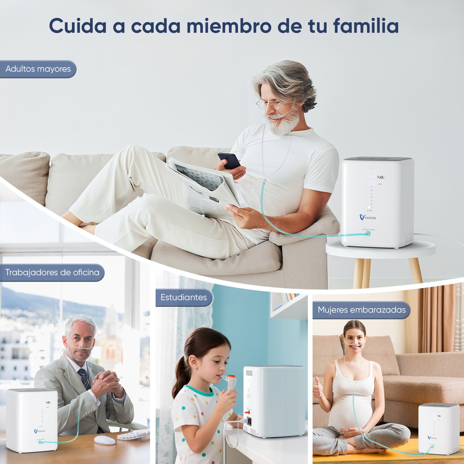 VARON VH-3 | Concentrador de Oxígeno para Hogar, Flujo Continuo 1-7L Ajustable, Control Remoto y Temporizador, Certificado CE