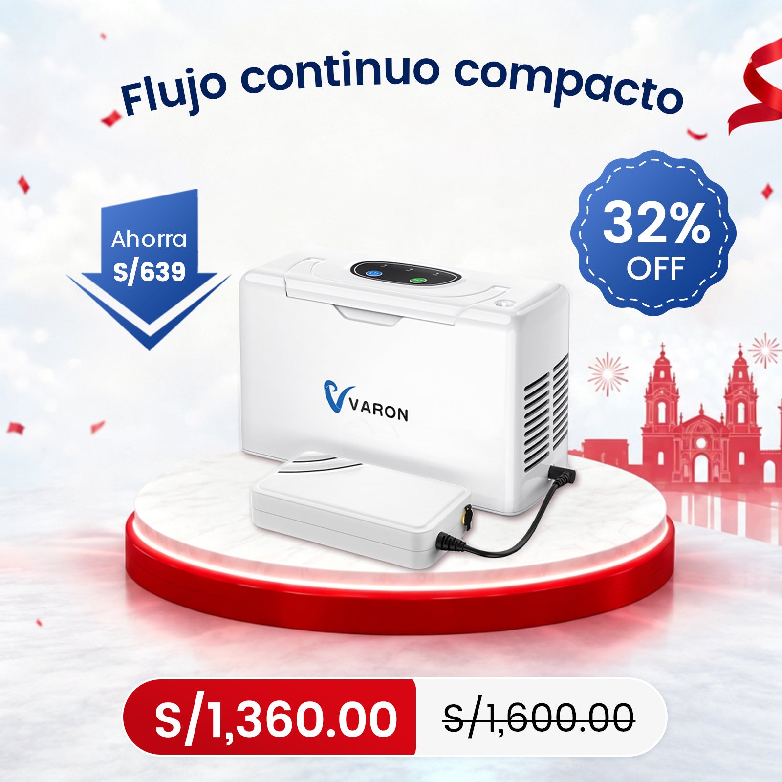 VARON VL-2 | Dispositivo de oxígeno portátil flujo continuo 3 L/min ligero y compacto CE
