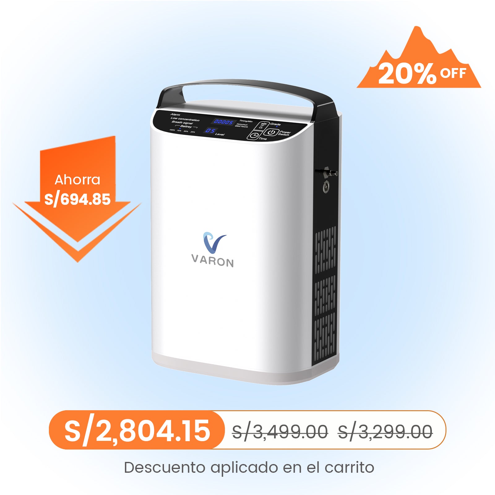 VARON VP-1 | Concentrador de oxígeno portátil de flujo pulsado  (1–5 niveles) para uso en casa y viaje CE