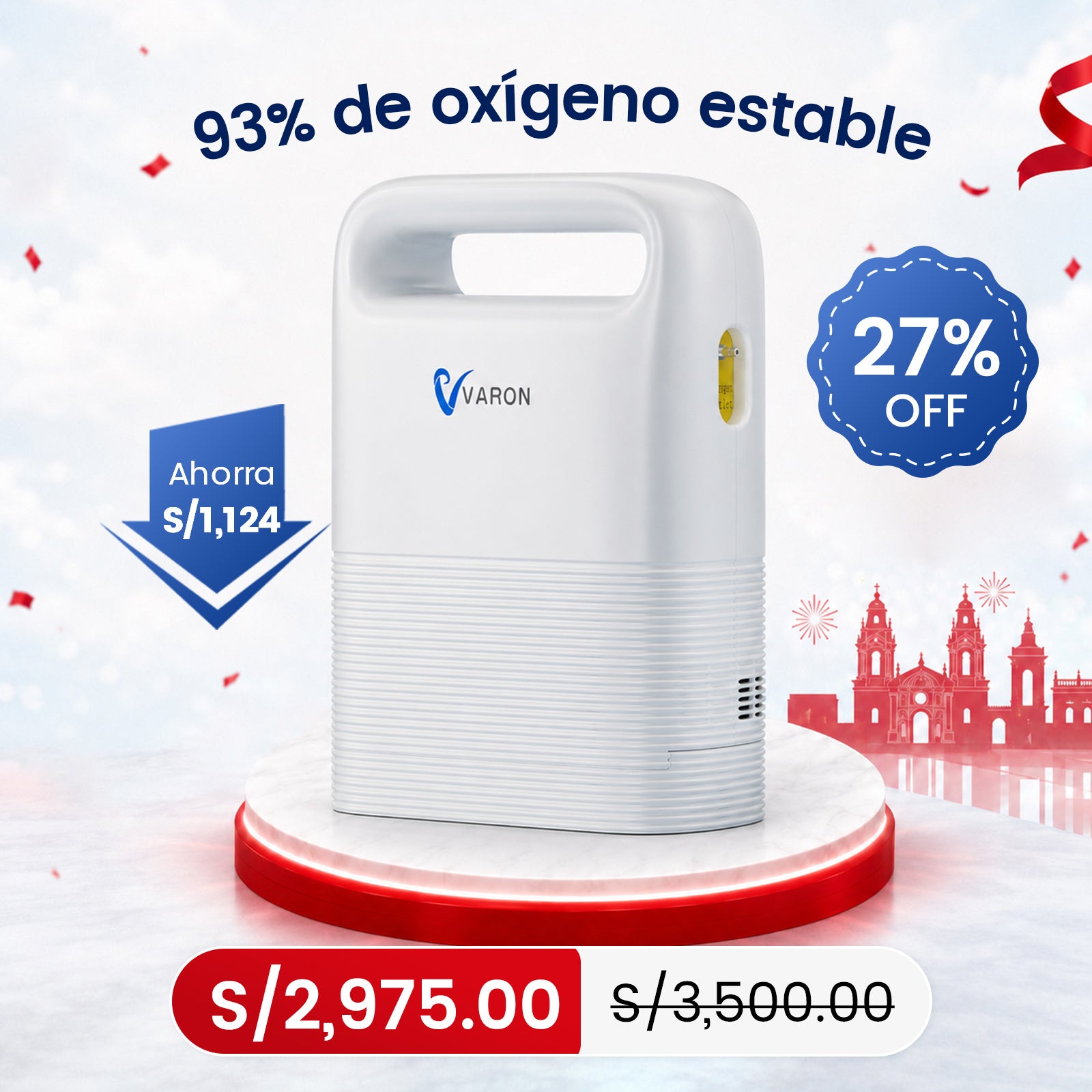 VARON VP-2 | Concentrador de oxígeno portátil  93% flujo pulsado 1–5 niveles CE