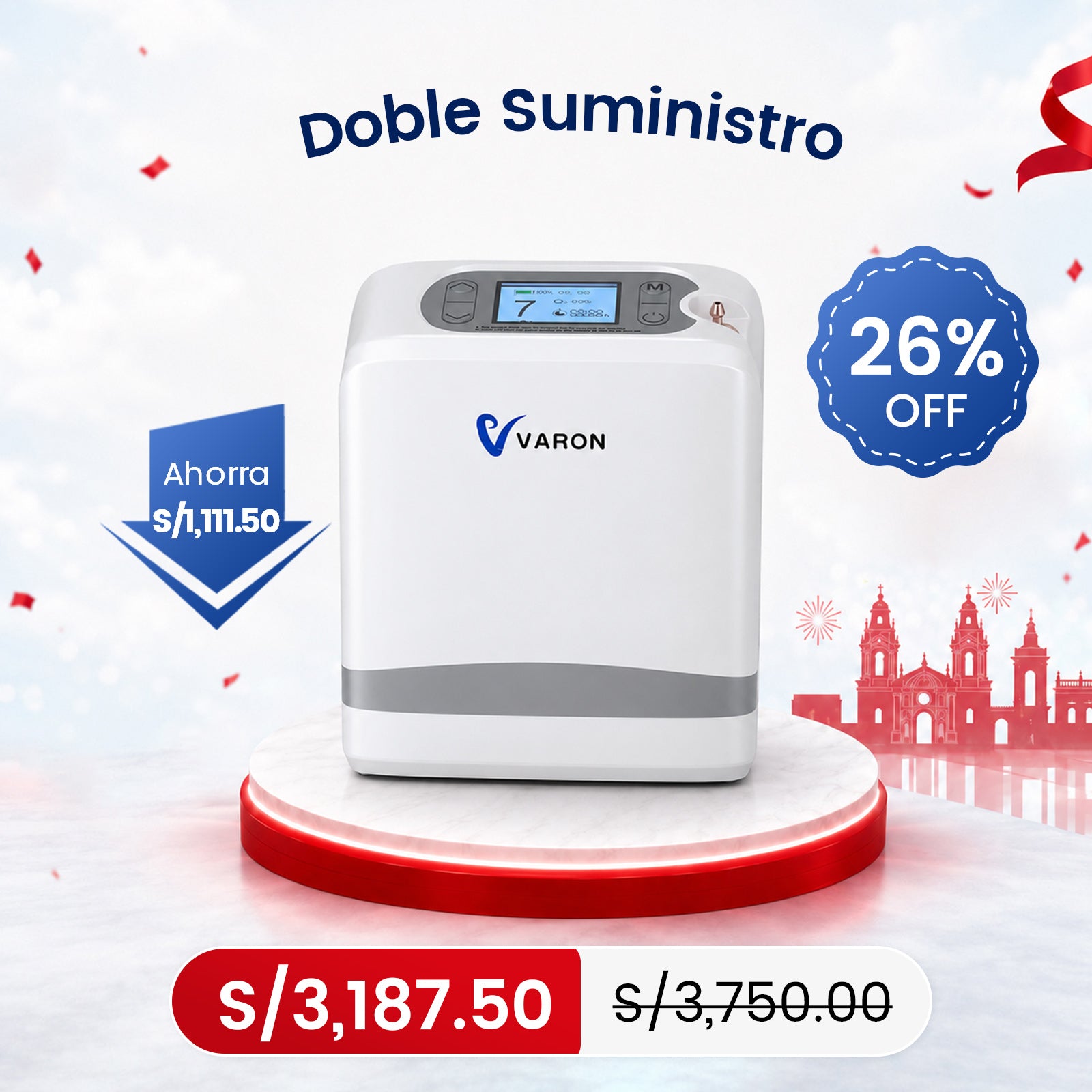 VARON VP-8 Lite Concentrador de Oxígeno Portátil 2 kg | Flujo por pulsos 1–7 | Uso doméstico y portátil