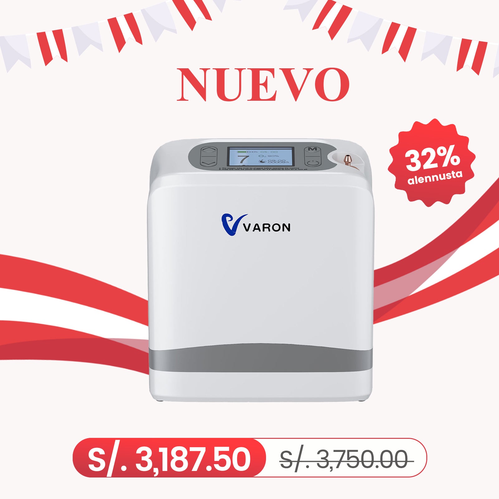 VARON VP-8 Lite Concentrador de Oxígeno Portátil 2 kg | Flujo por pulsos 1–7 | Uso doméstico y portátil
