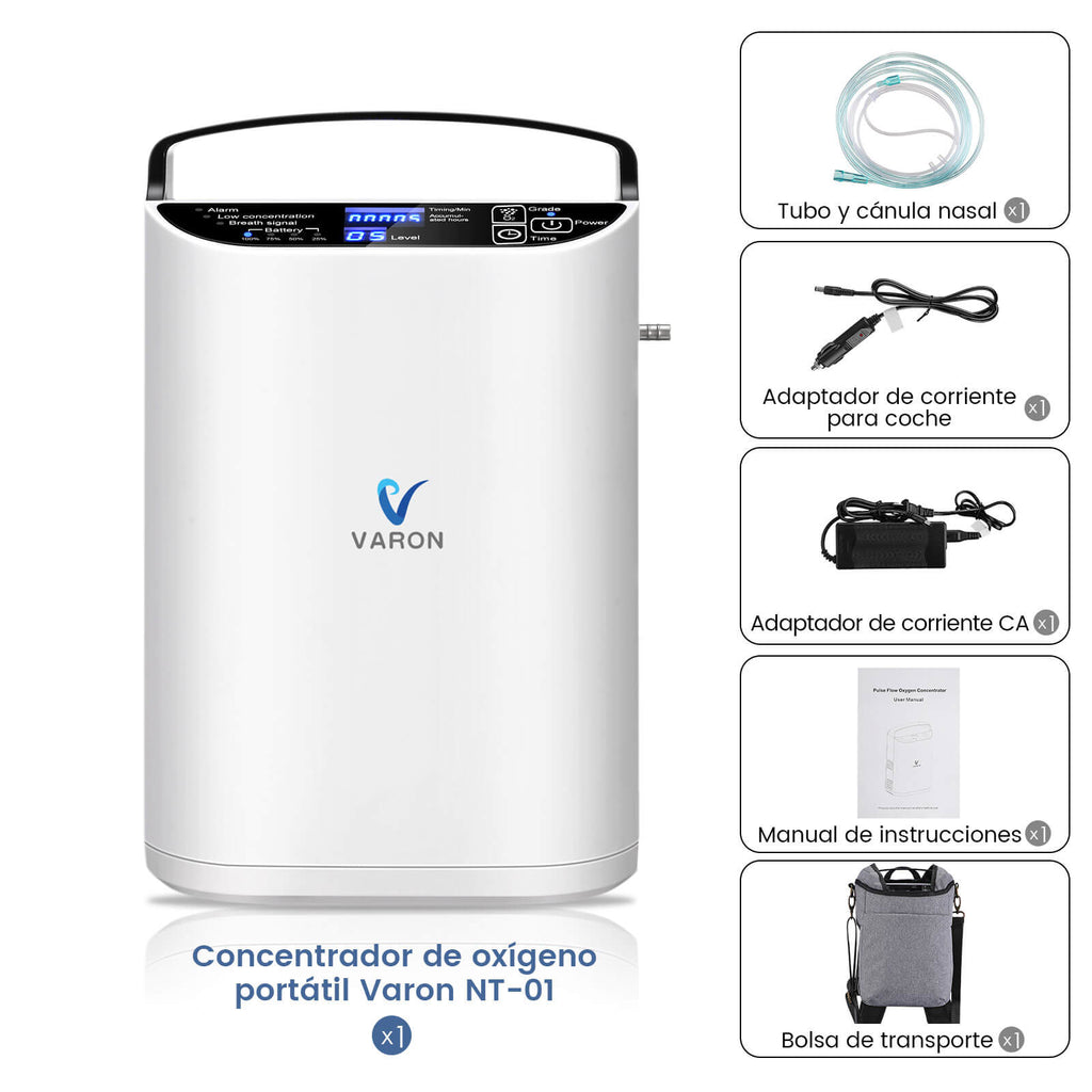VARON VP-1 | Concentrador de oxígeno portátil de flujo pulsado  (1–5 niveles) para uso en casa y viaje CE