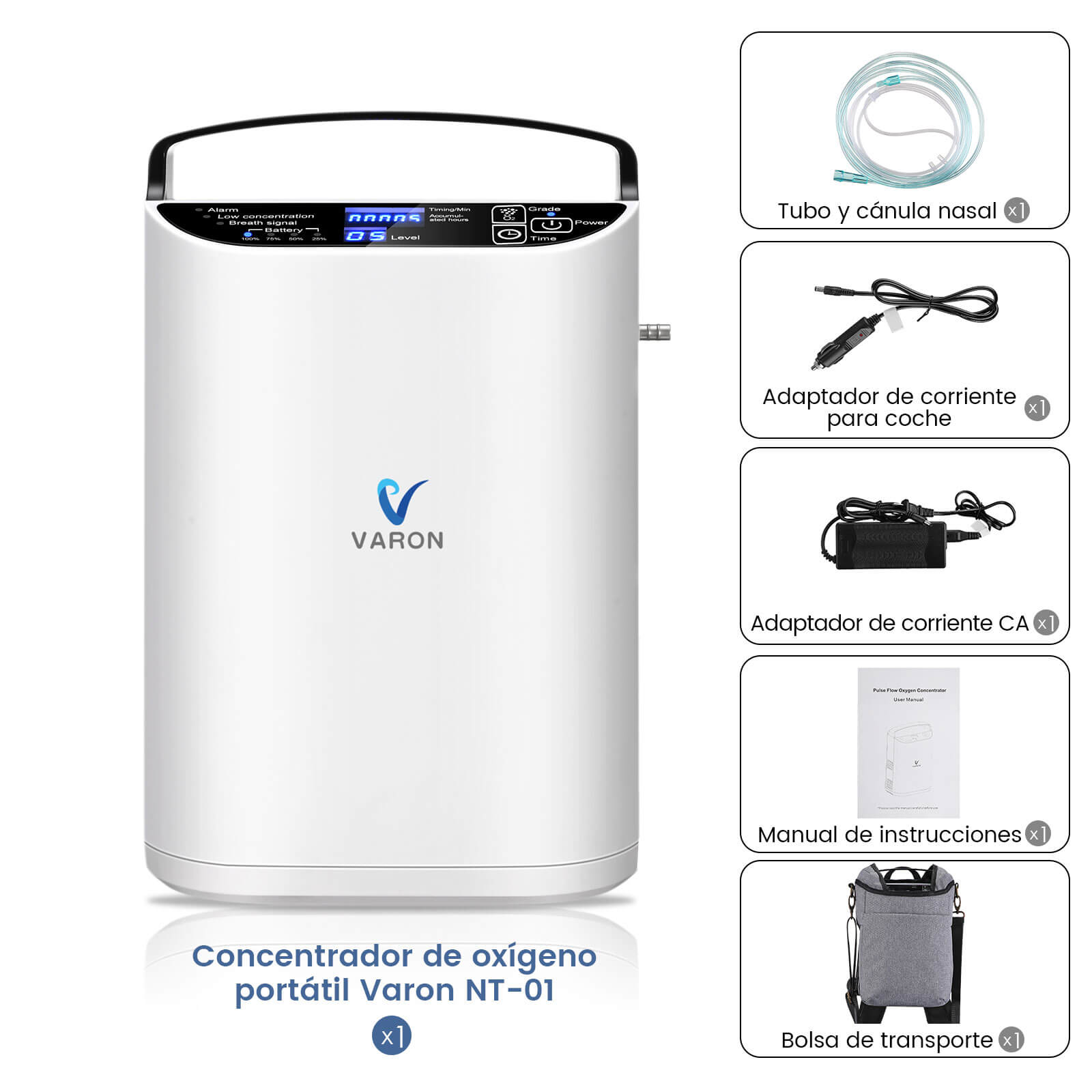 VARON VP-1 | Concentrador de oxígeno portátil de flujo pulsado  (1–5 niveles) para uso en casa y viaje CE