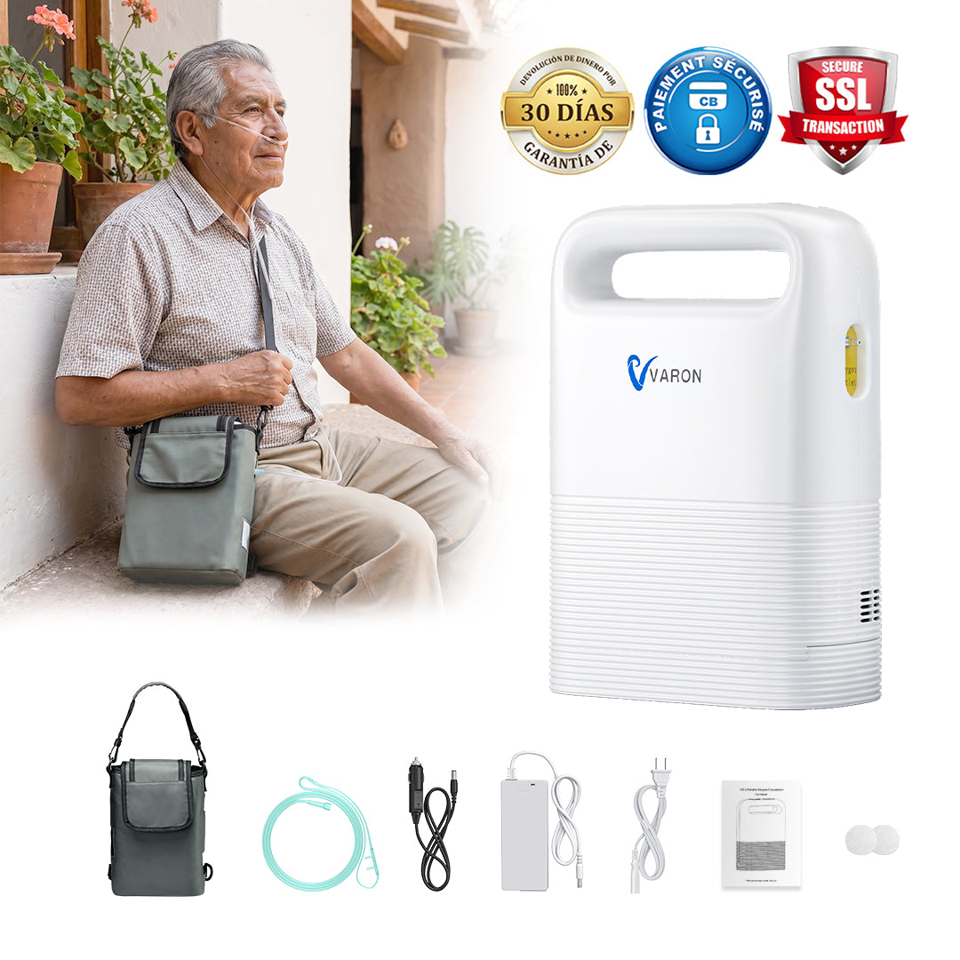 VARON VP-2 | Concentrador de oxígeno portátil  93% flujo pulsado 1–5 niveles CE
