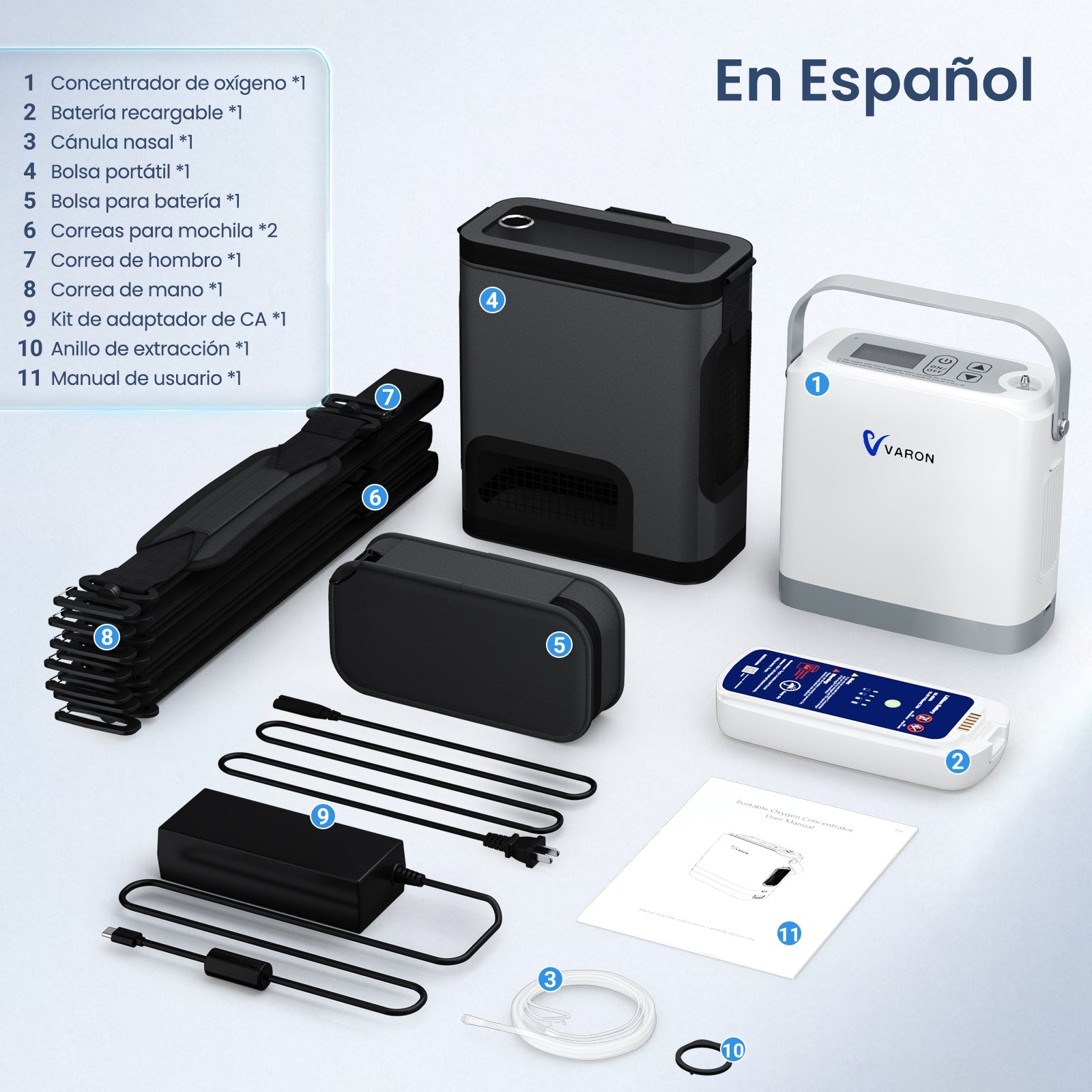 VARON VP-8G | Concentrador de Oxígeno Portátil flujo pulsado con 1–8 niveles ajustables CE