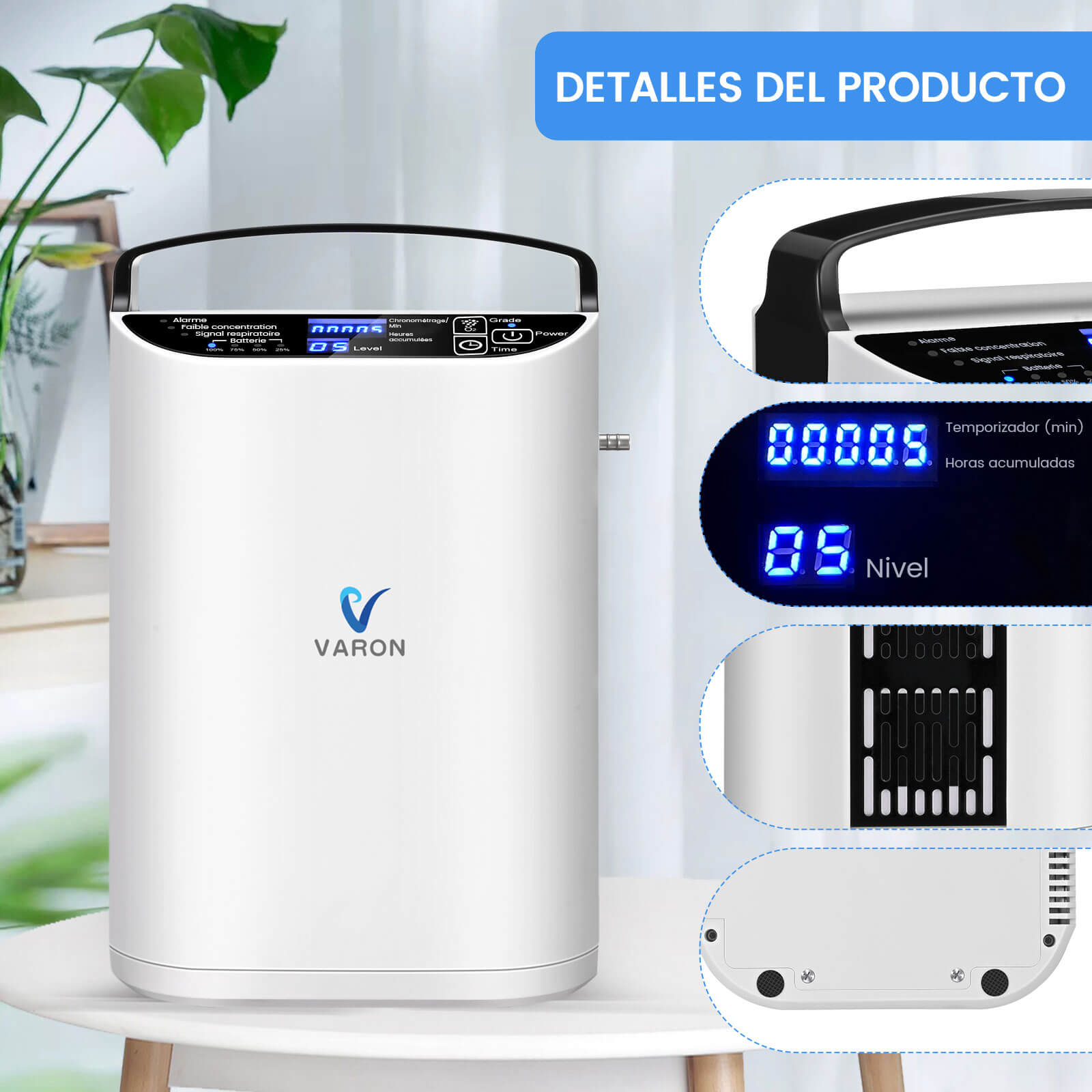VARON VP-1 | Concentrador de oxígeno portátil de flujo pulsado  (1–5 niveles) para uso en casa y viaje CE