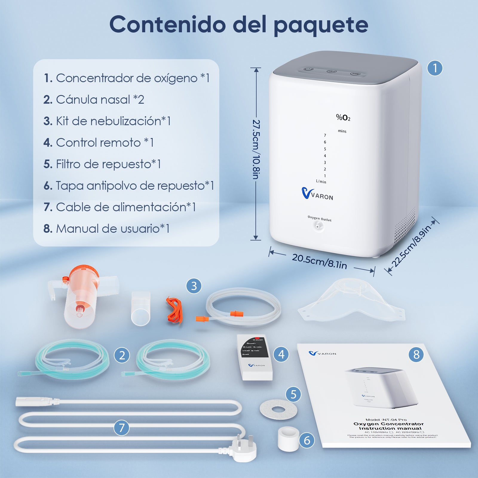 VARON VH-3 | Concentrador de Oxígeno para Hogar, Flujo Continuo 1-7L Ajustable, Control Remoto y Temporizador, Certificado CE