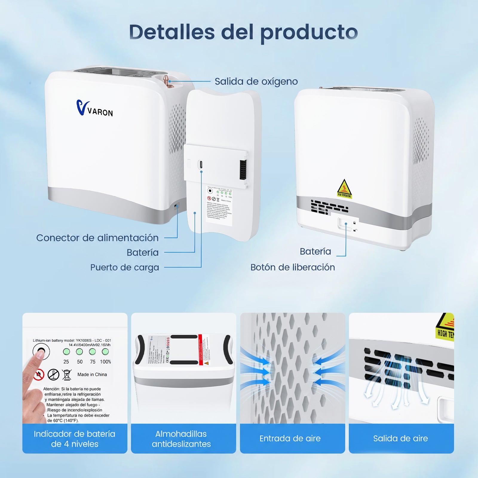 VARON VP-8 Lite Concentrador de Oxígeno Portátil 2 kg | Flujo por pulsos 1–7 | Uso doméstico y portátil