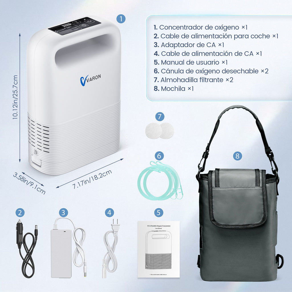 VARON VP-2 | Concentrador de oxígeno portátil  93% flujo pulsado 1–5 niveles CE