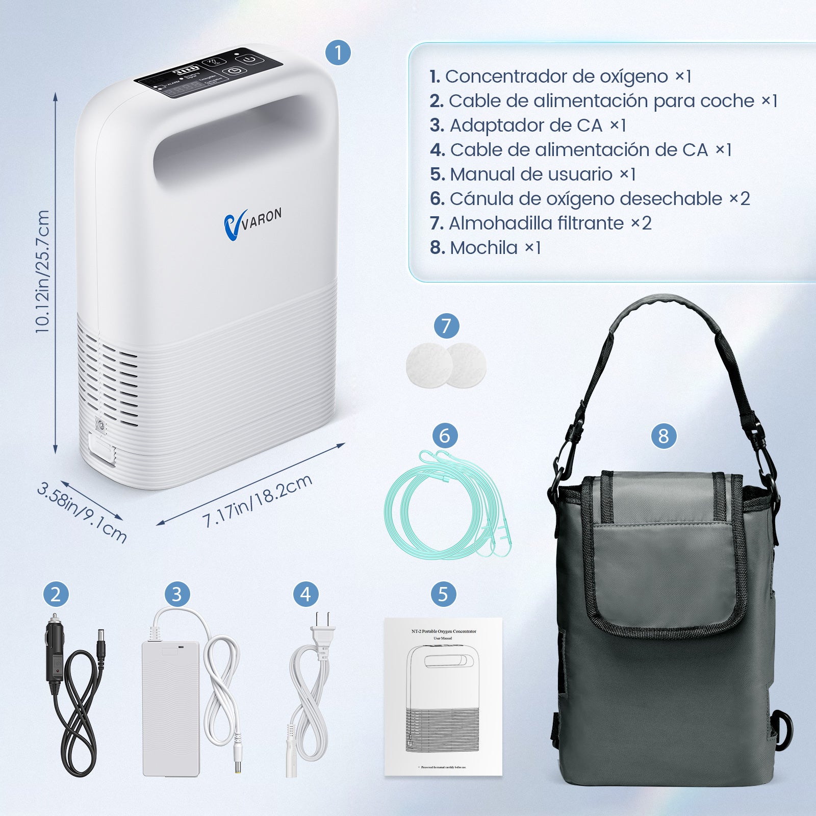 VARON VP-2 | Concentrador de oxígeno portátil  93% flujo pulsado 1–5 niveles CE
