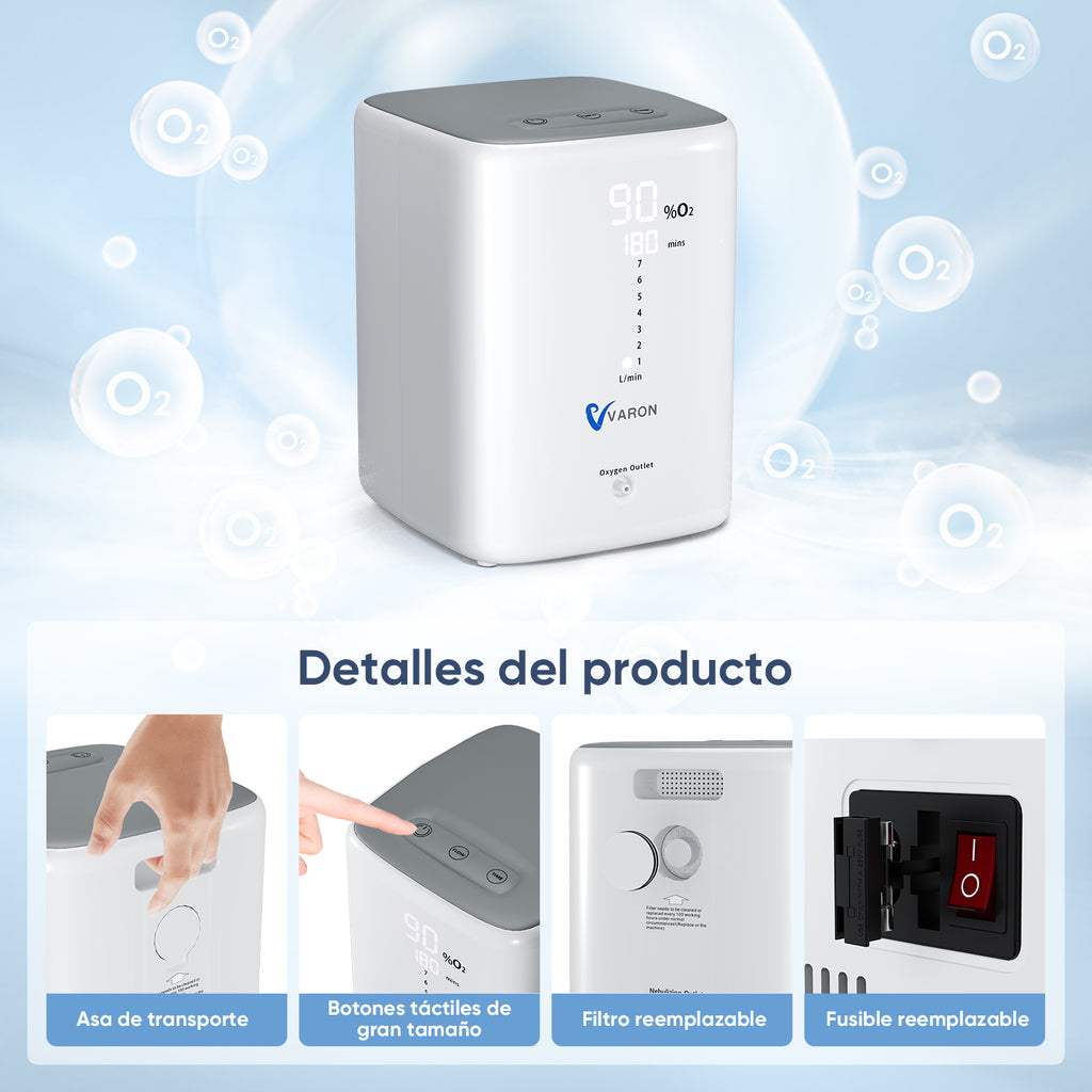 VARON VH-3 | Concentrador de Oxígeno para Hogar, Flujo Continuo 1-7L Ajustable, Control Remoto y Temporizador, Certificado CE