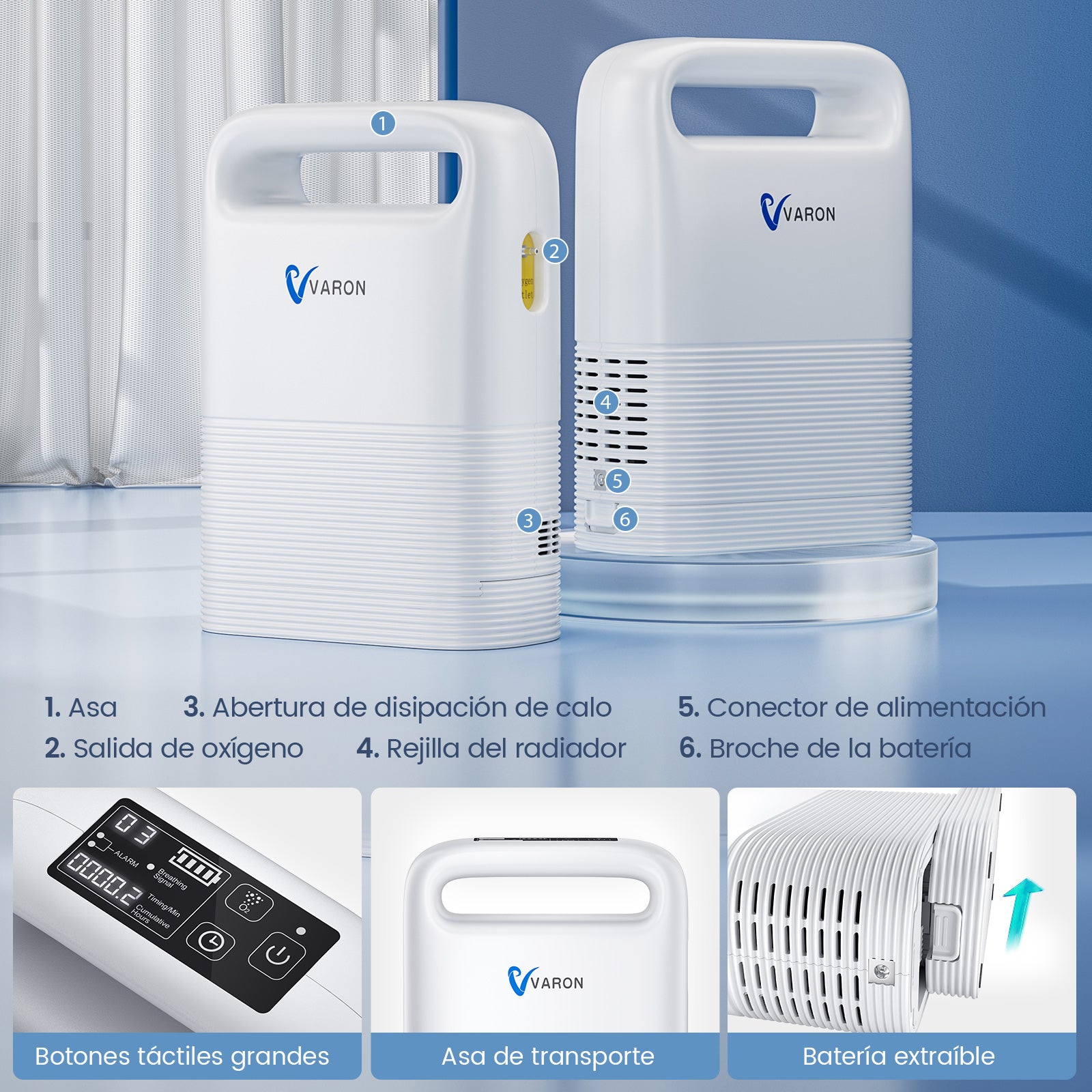 VARON VP-2 | Concentrador de oxígeno portátil  93% flujo pulsado 1–5 niveles CE