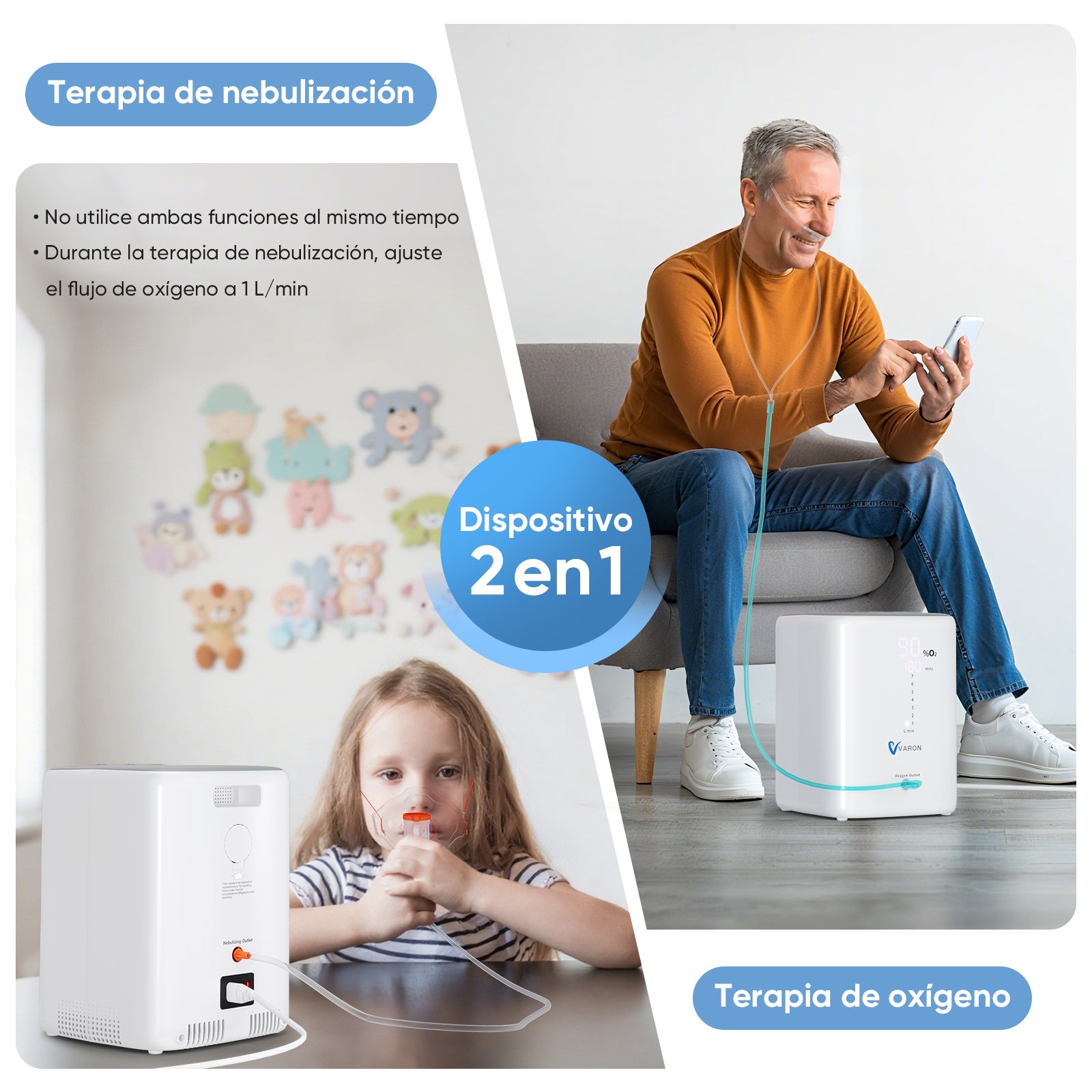 VARON VH-3 | Concentrador de Oxígeno para Hogar, Flujo Continuo 1-7L Ajustable, Control Remoto y Temporizador, Certificado CE