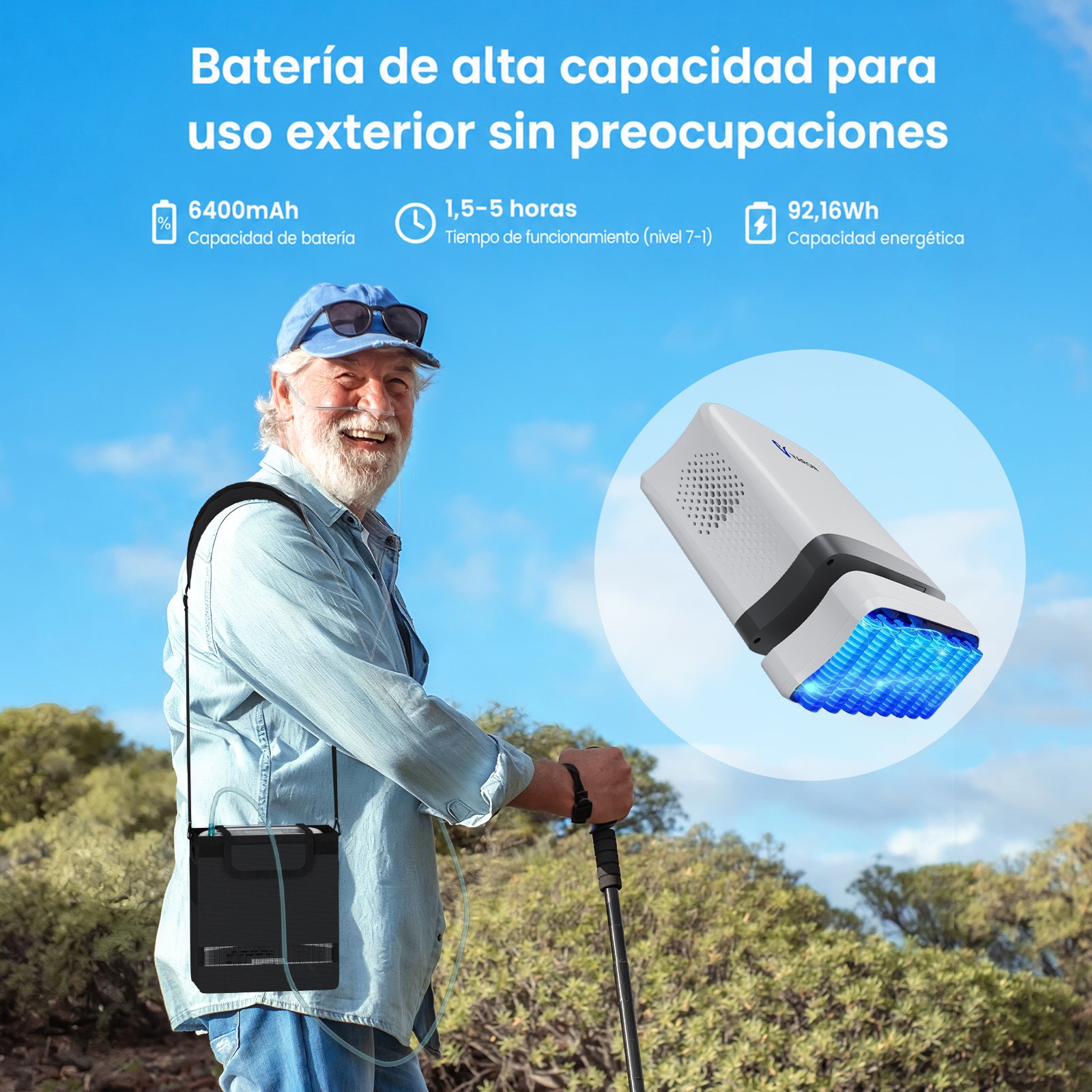 VARON VP-8 Lite Concentrador de Oxígeno Portátil 2 kg | Flujo por pulsos 1–7 | Uso doméstico y portátil