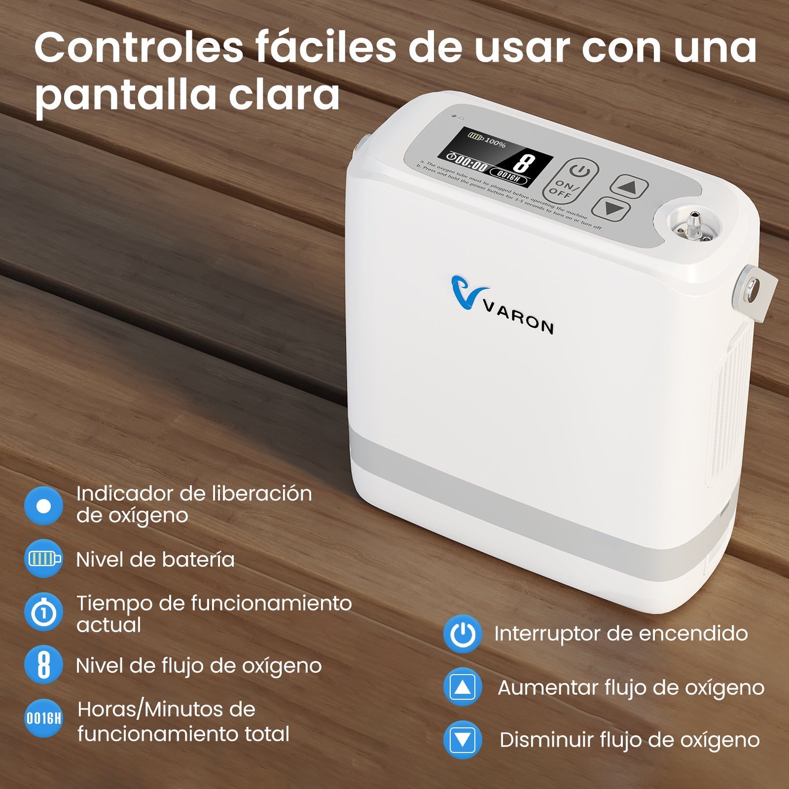 VARON VP-8G | Concentrador de Oxígeno Portátil flujo pulsado con 1–8 niveles ajustables CE