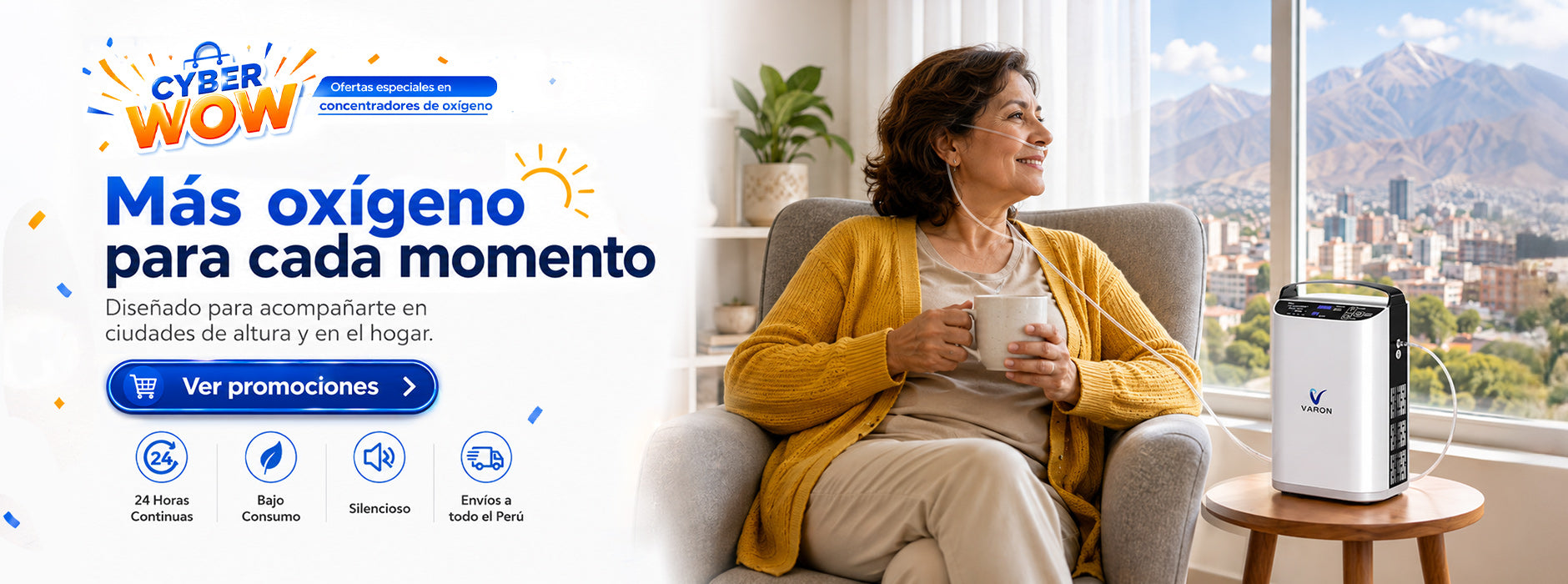 CYBER WOW | Ofertas especiales en concentradores de oxígenoMás oxígeno para cada momento.Diseñado para acompañarte en ciudades de altura y en el hogar
