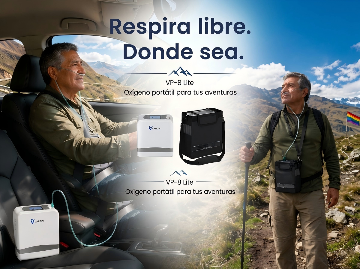 VARON VP-8 Lite Concentrador de Oxígeno Portátil 2 kg | Flujo por pulsos 1–7 | Uso doméstico y portátil