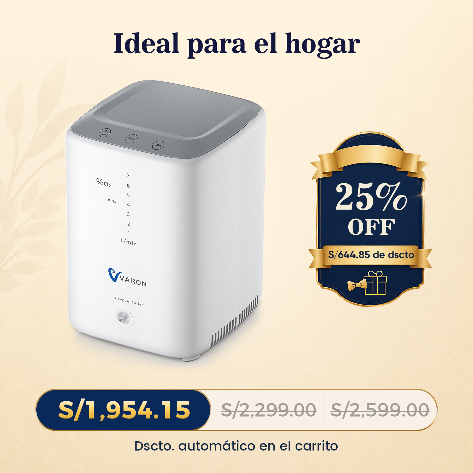 VARON VH-3 | Concentrador de Oxígeno para Hogar, Flujo Continuo 1-7L Ajustable, Control Remoto y Temporizador, Certificado CE