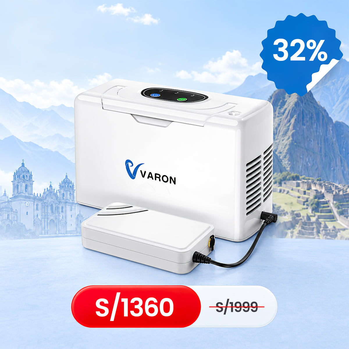 VARON VL-2 | Dispositivo de oxígeno portátil flujo continuo 3 L/min ligero y compacto CE