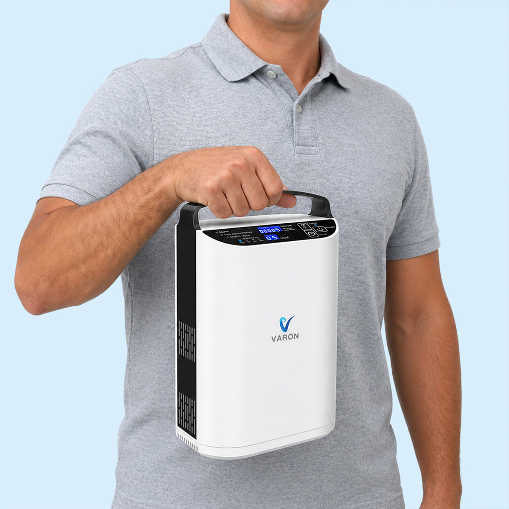 VARON VP-1 | Concentrador de oxígeno portátil de flujo pulsado  (1–5 niveles) para uso en casa y viaje CE