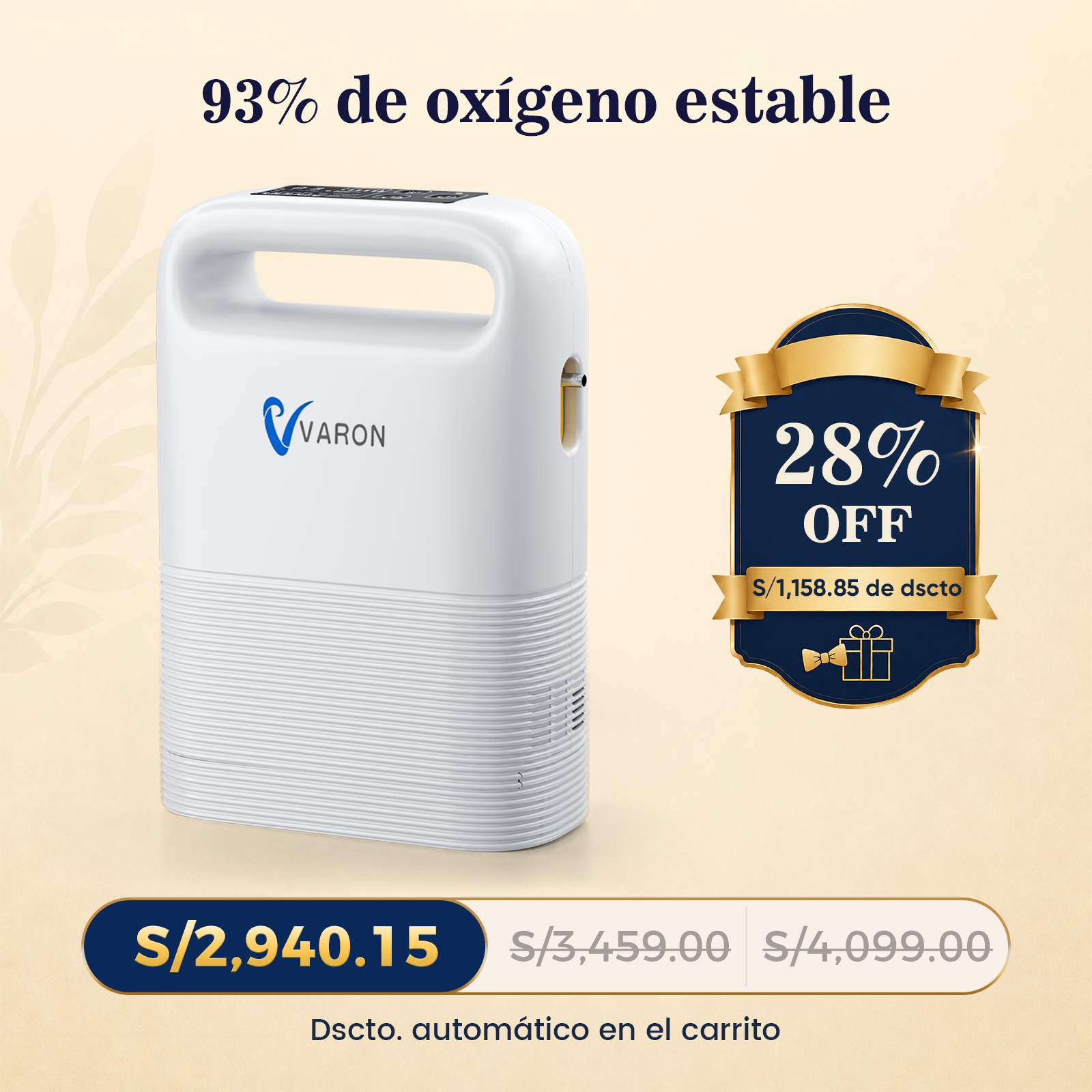 VARON VP-2 | Concentrador de oxígeno portátil  93% flujo pulsado 1–5 niveles CE