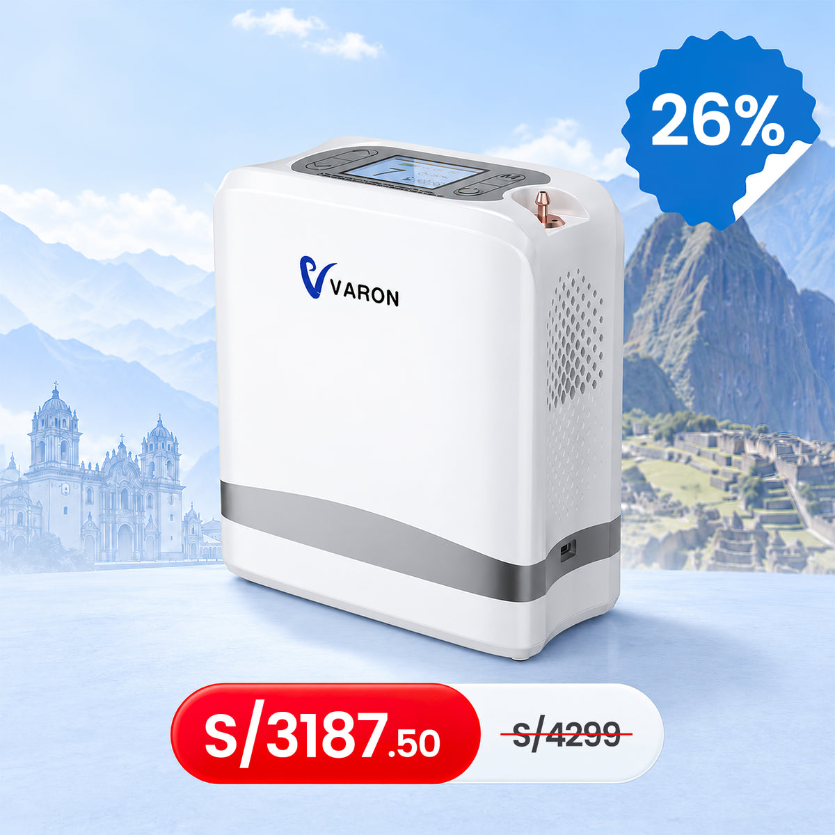 VARON VP-8 Lite Concentrador de Oxígeno Portátil 2 kg | Flujo por pulsos 1–7 | Uso doméstico y portátil