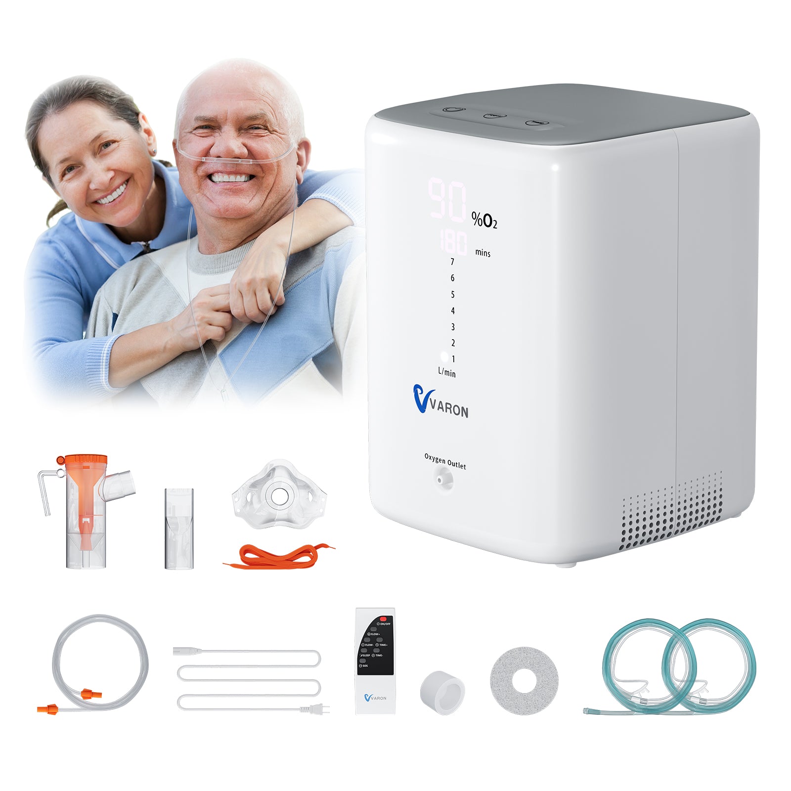VARON VH-3 | Concentrador de Oxígeno para Hogar, Flujo Continuo 1-7L Ajustable, Control Remoto y Temporizador, Certificado CE